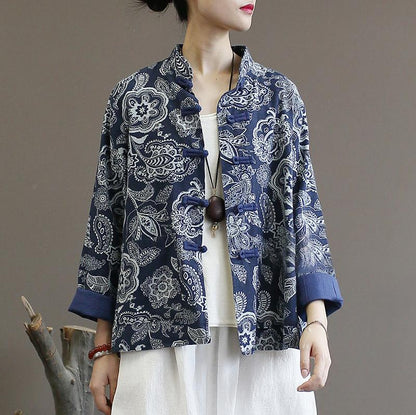 Retro Loose Printed Stand Collar Women's Coat
