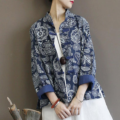 Retro Loose Printed Stand Collar Women's Coat