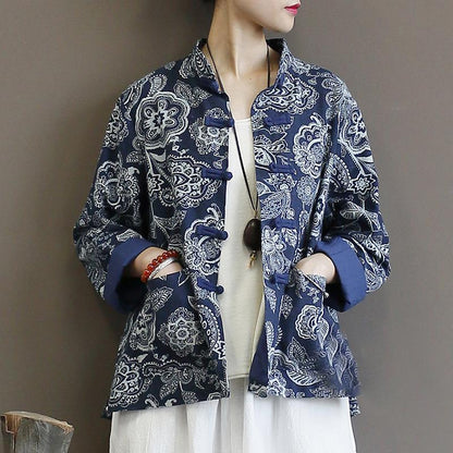 Retro Loose Printed Stand Collar Women's Coat