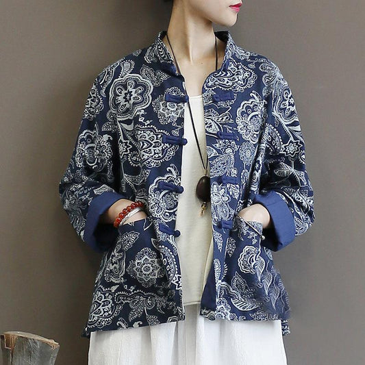 Retro Loose Printed Stand Collar Women's Coat
