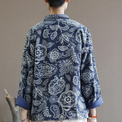 Retro Loose Printed Stand Collar Women's Coat