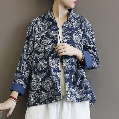 Retro Loose Printed Stand Collar Women's Coat
