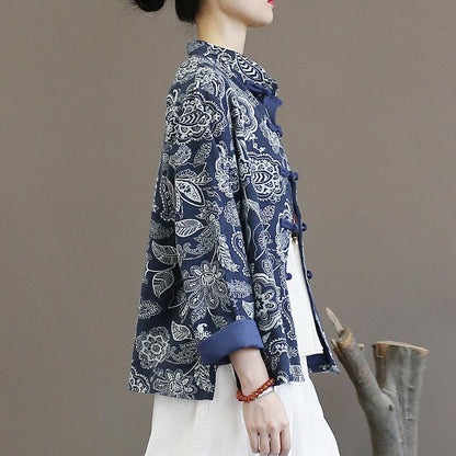 Retro Loose Printed Stand Collar Women's Coat