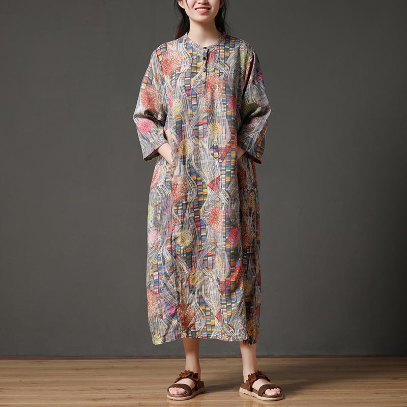 Retro Multicolor Stand Collar Autumn Long Dress