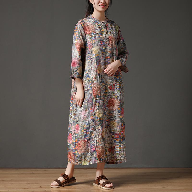 Retro Multicolor Stand Collar Autumn Long Dress