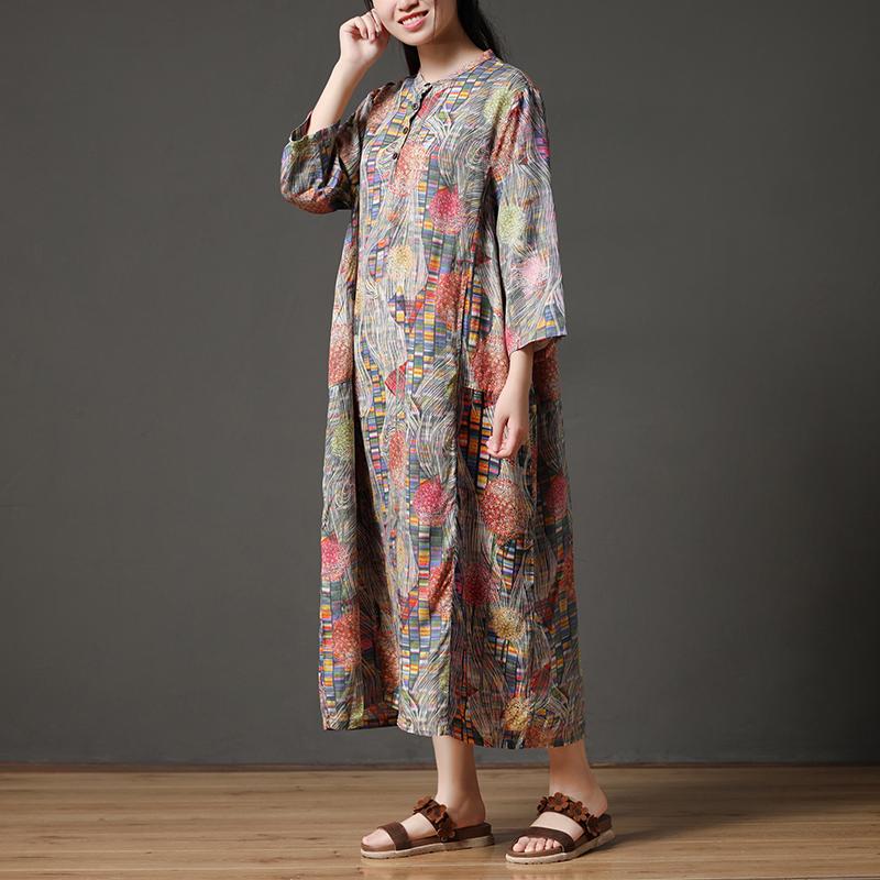 Retro Multicolor Stand Collar Autumn Long Dress
