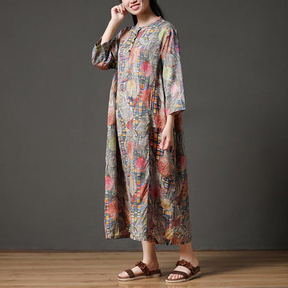 Retro Multicolor Stand Collar Autumn Long Dress
