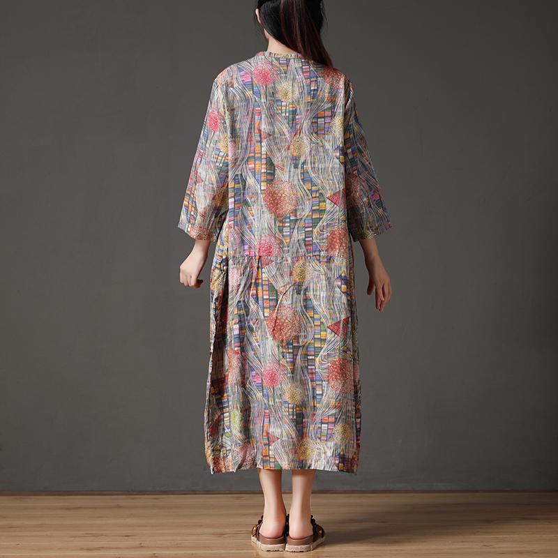 Retro Multicolor Stand Collar Autumn Long Dress