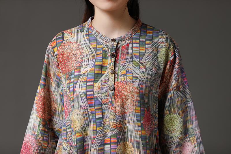 Retro Multicolor Stand Collar Autumn Long Dress