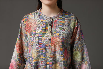 Retro Multicolor Stand Collar Autumn Long Dress