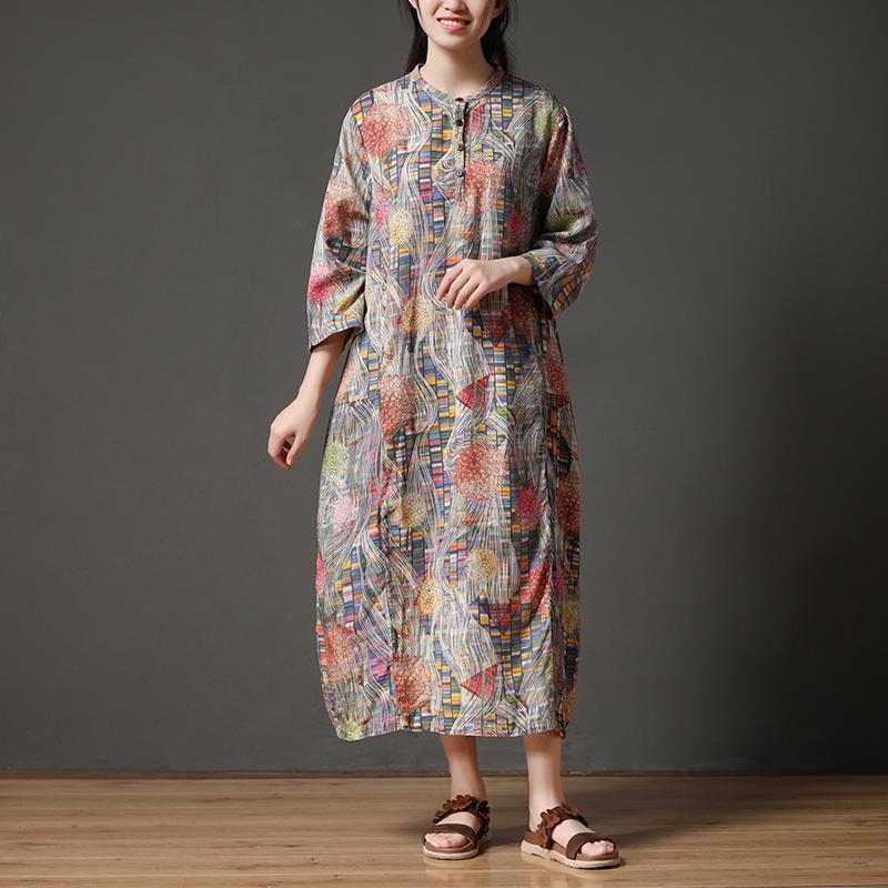 Retro Multicolor Stand Collar Autumn Long Dress