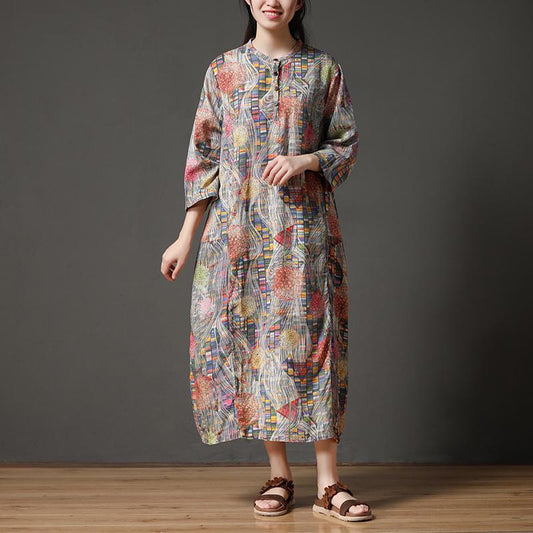 Retro Multicolor Stand Collar Autumn Long Dress