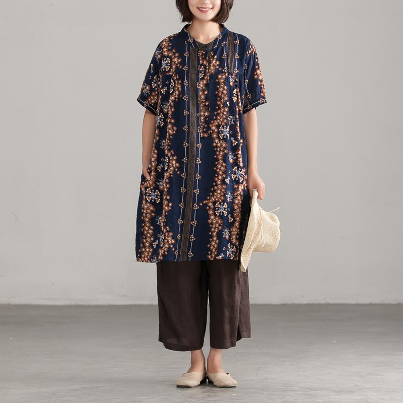 Retro Navy Blue Women Ethnic Cotton Top