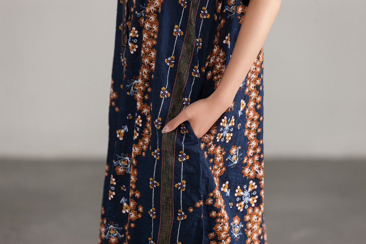 Retro Navy Blue Women Ethnic Cotton Top