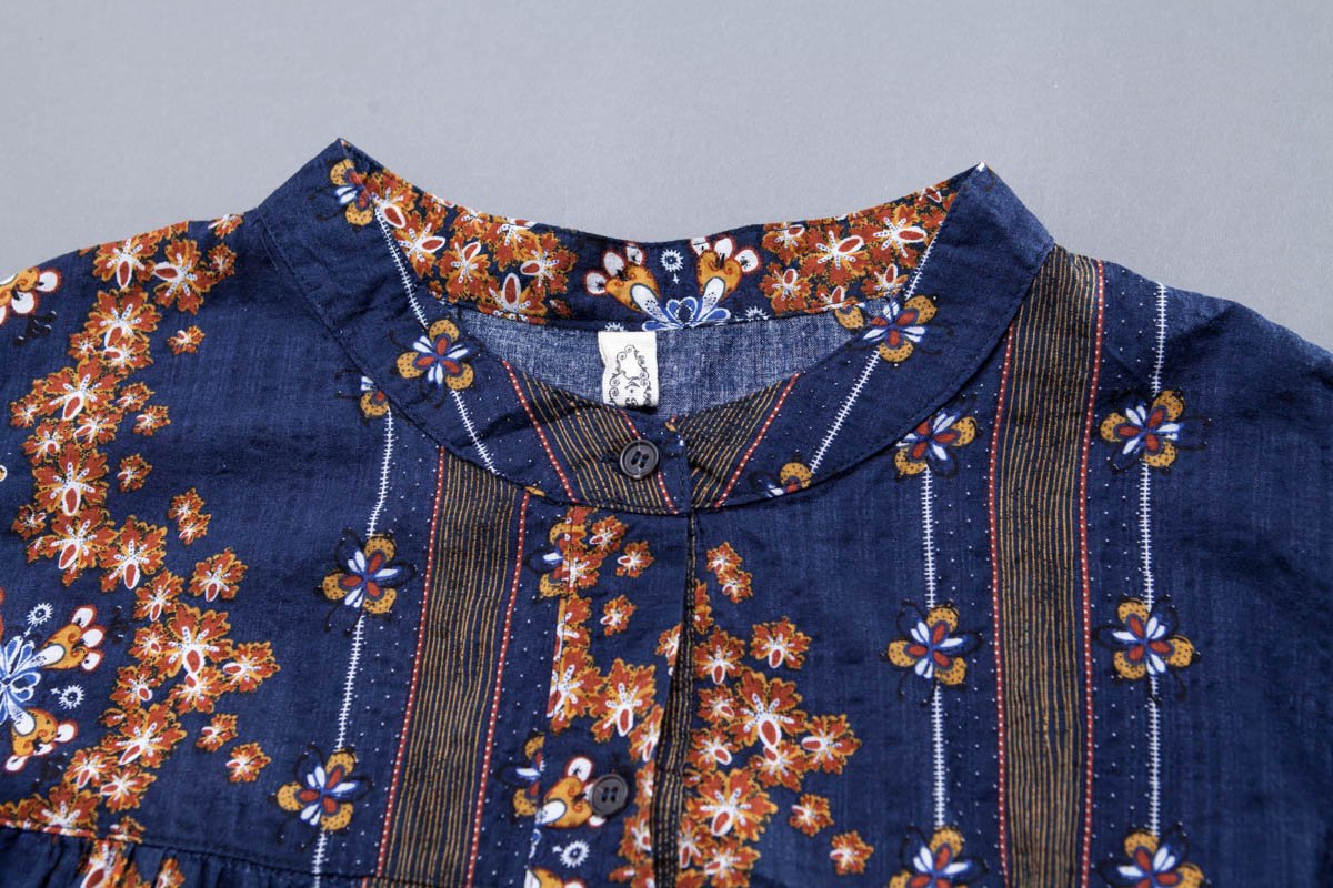 Retro Navy Blue Women Ethnic Cotton Top