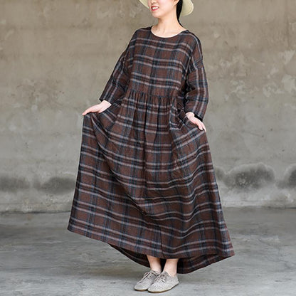 Retro Plaid Simple Spliced Loose Dress