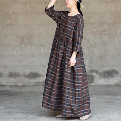 Retro Plaid Simple Spliced Loose Dress