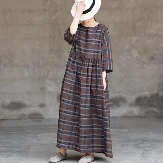 Retro Plaid Simple Spliced Loose Dress