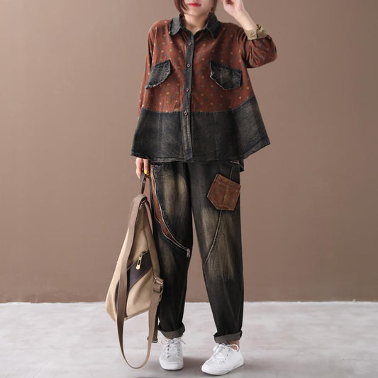 Retro Polka Dot Stitching Casual Suit