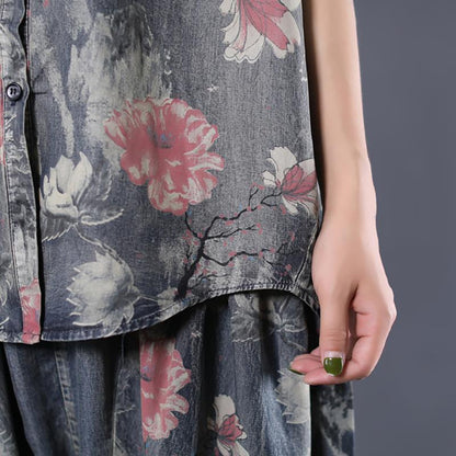 Retro Print Cotton Blouse And Pants