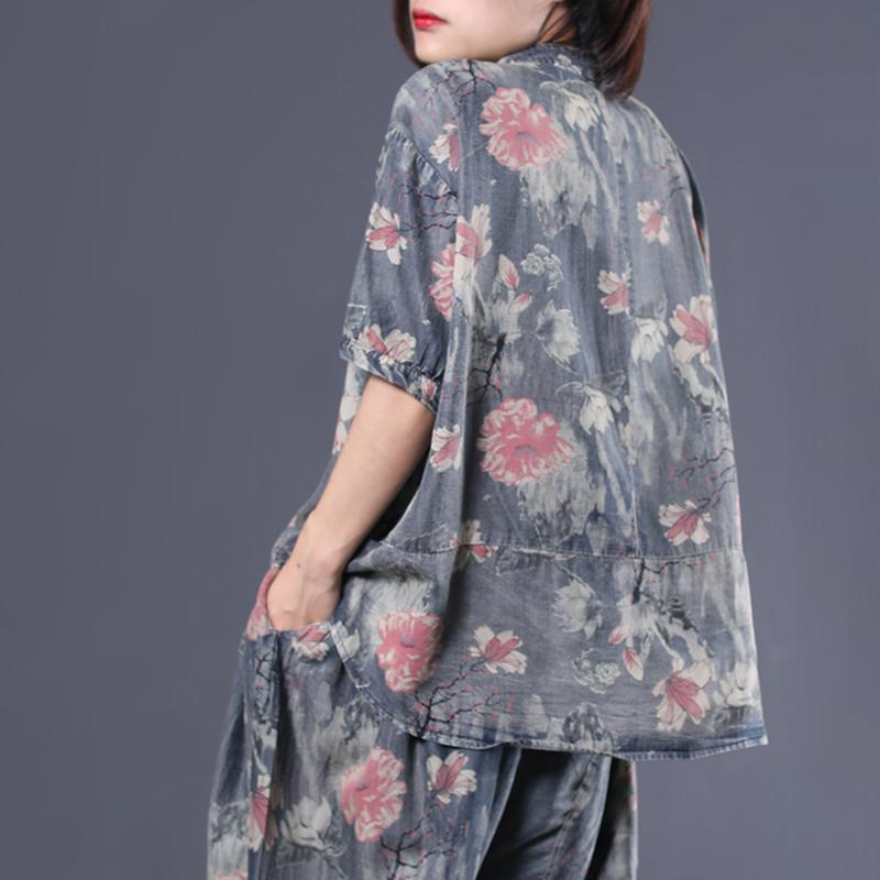 Retro Print Cotton Blouse And Pants