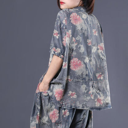 Retro Print Cotton Blouse And Pants
