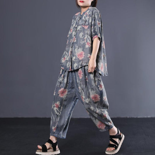 Retro Print Cotton Blouse And Pants