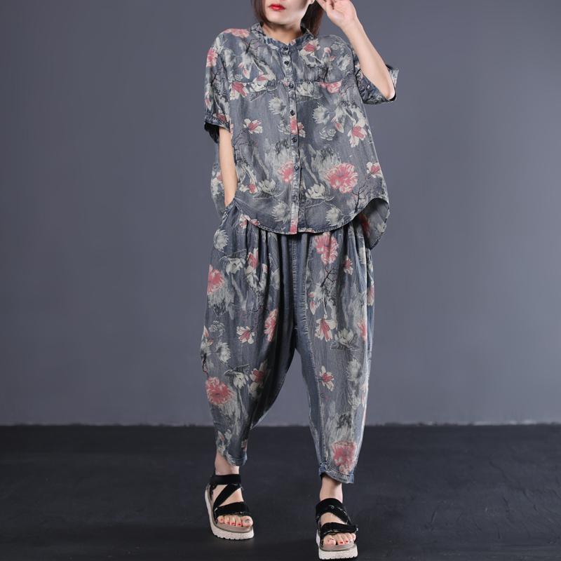 Retro Print Cotton Blouse And Pants