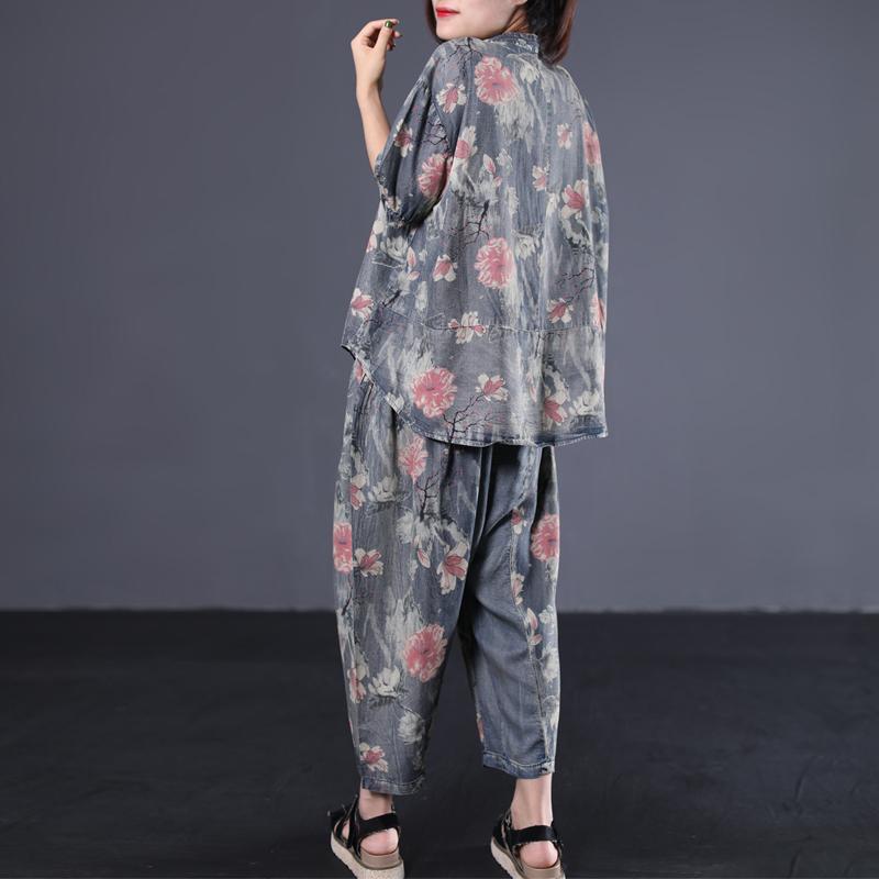 Retro Print Cotton Blouse And Pants