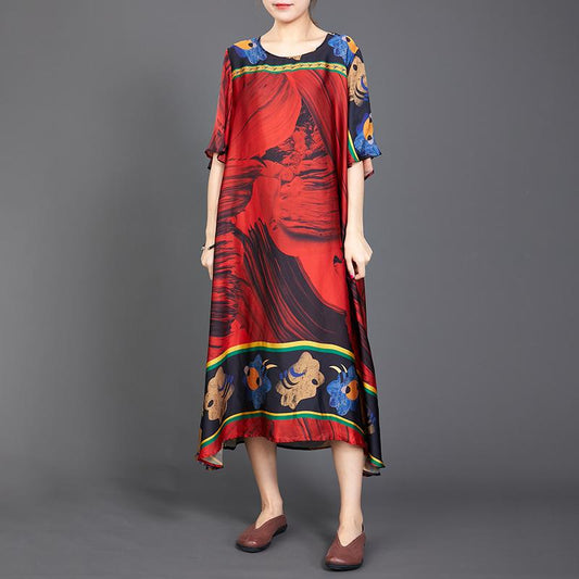 Retro Print Round Neck A-Line Women Dress