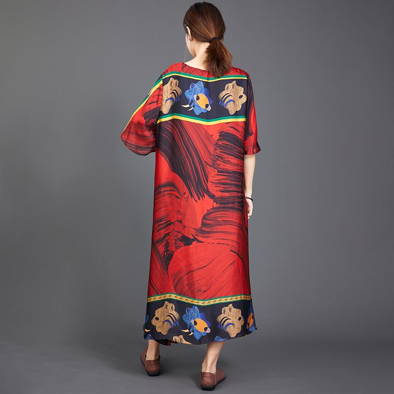 Retro Print Round Neck A-Line Women Dress