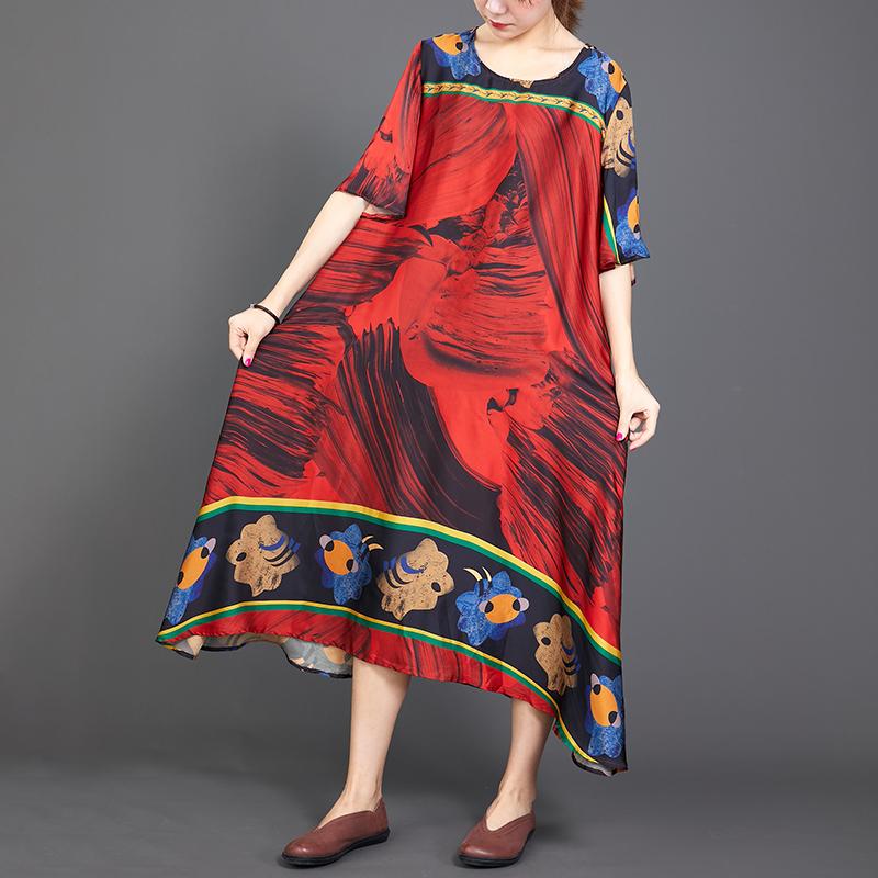 Retro Print Round Neck A-Line Women Dress