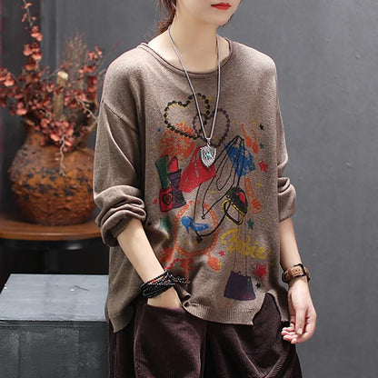 Retro Print Round Neck Pullover Knit Shirt