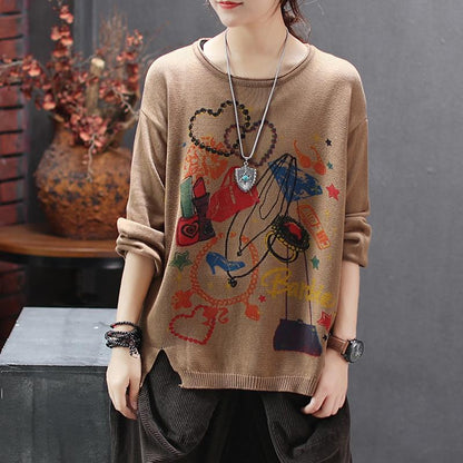 Retro Print Round Neck Pullover Knit Shirt