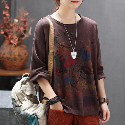 Retro Print Round Neck Pullover Knit Shirt