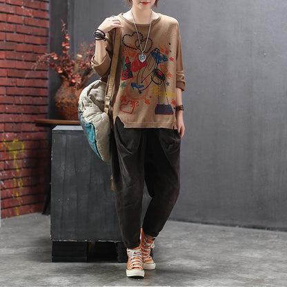Retro Print Round Neck Pullover Knit Shirt