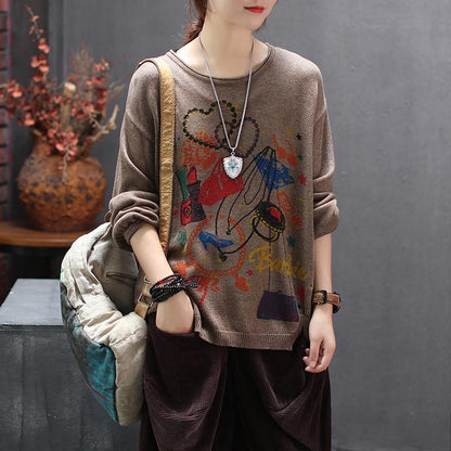 Retro Print Round Neck Pullover Knit Shirt
