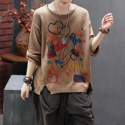 Retro Print Round Neck Pullover Knit Shirt