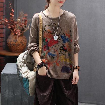 Retro Print Round Neck Pullover Knit Shirt