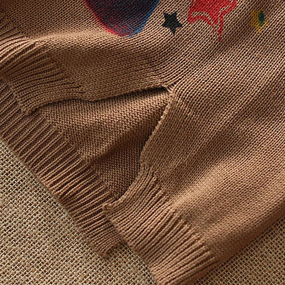 Retro Print Round Neck Pullover Knit Shirt
