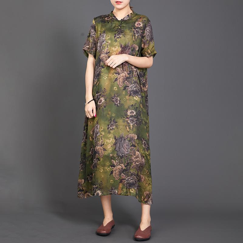 Retro Print Short Sleeve Chinese Style Long Dress