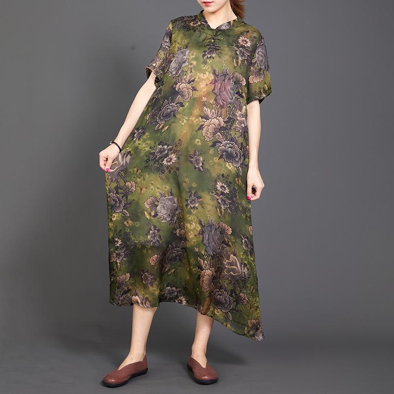 Retro Print Short Sleeve Chinese Style Long Dress