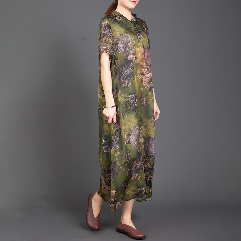 Retro Print Short Sleeve Chinese Style Long Dress