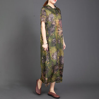 Retro Print Short Sleeve Chinese Style Long Dress