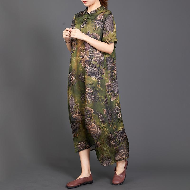 Retro Print Short Sleeve Chinese Style Long Dress