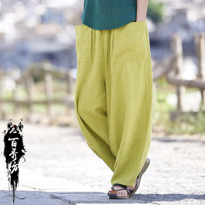 Retro Ramie Wide Leg Pants With Pockets