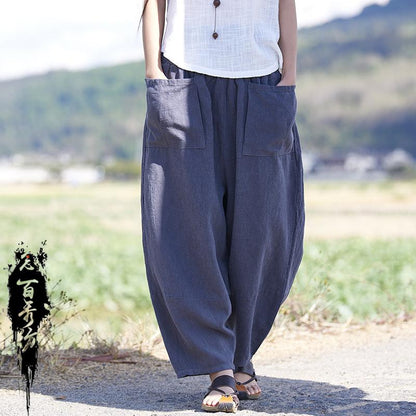 Retro Ramie Wide Leg Pants With Pockets