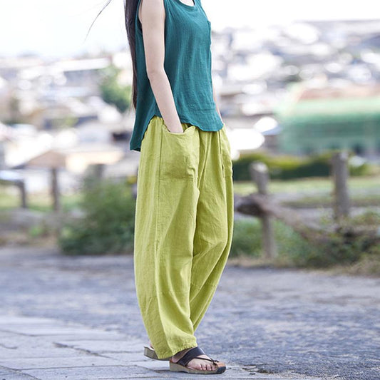 Retro Ramie Wide Leg Pants With Pockets