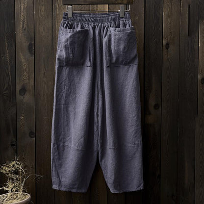 Retro Ramie Wide Leg Pants With Pockets