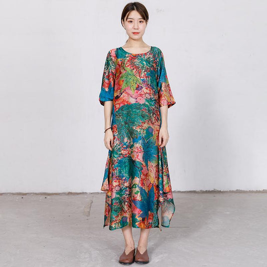 Retro Round Neck Print Irregular Dress